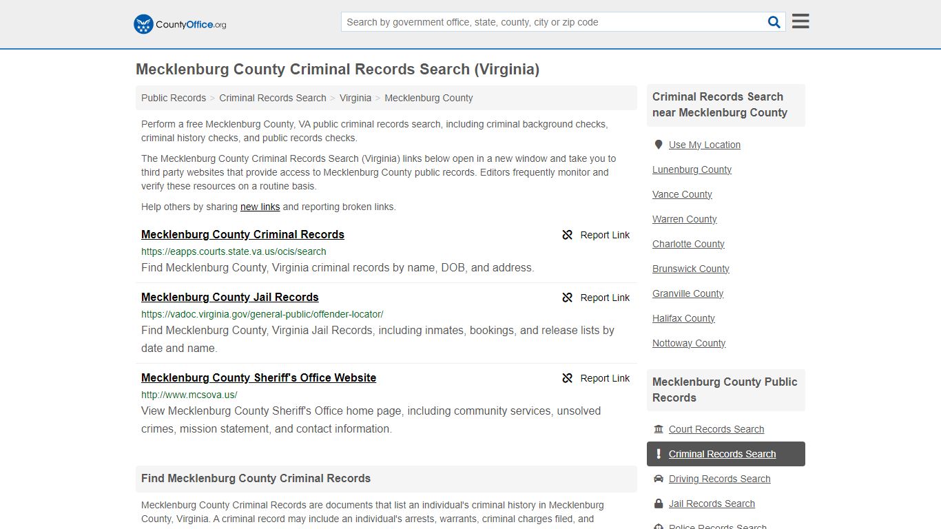 Mecklenburg County Criminal Records Search (Virginia)